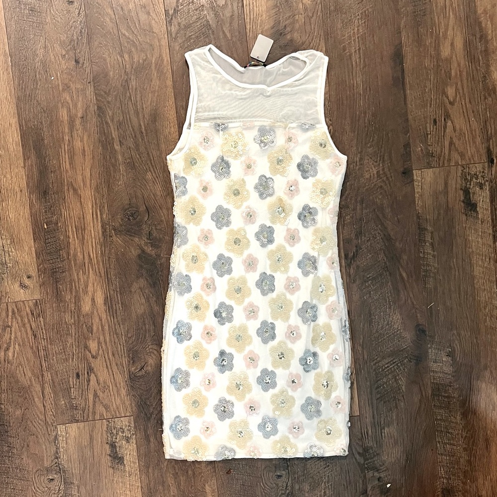 Floral Mini Dress with Mesh and Sequin Detail